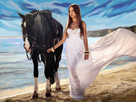 Girl and horse on beach ta