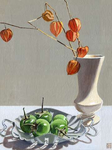 Still life with chinese lanterns and eggplants
