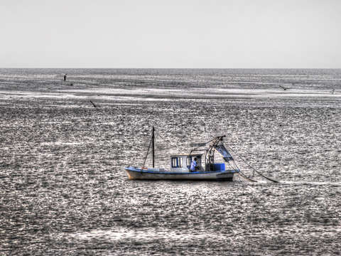Blue and white shrimpboat on bay