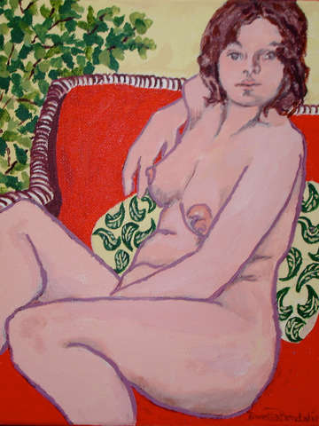 Woman on red couch