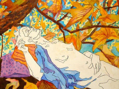woman with leaves