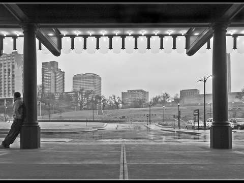 Union station kansas city canopy view with man bw