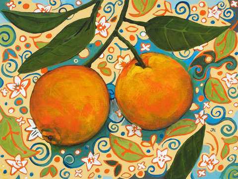 Oranges on orange blossom painted pattern