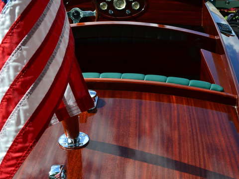Chris craft interior with flag