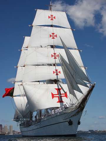 Tallship sagres full sail in boston harbor