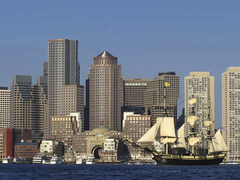 Friendship of salem sails by boston skyline