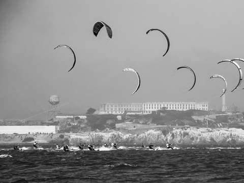 Alcatraz and kiteboarders from the bay
