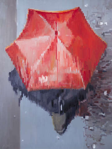 Red umbrella moving in paris rain