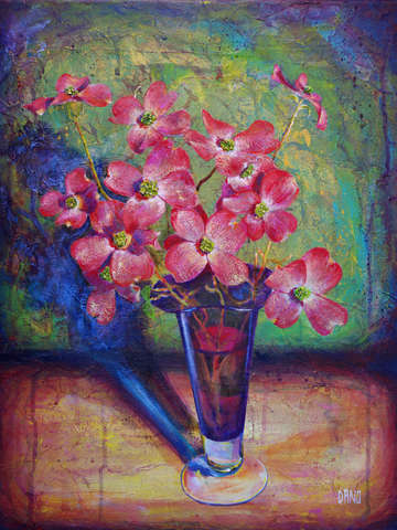 Dogwood flowers in purple vase