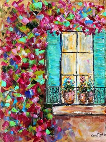 Bouganvillea blue shuttered window