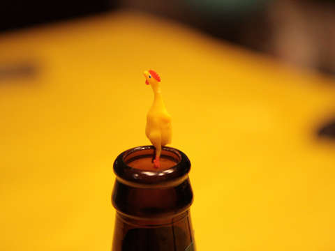 Rubber chicken on beer bottle