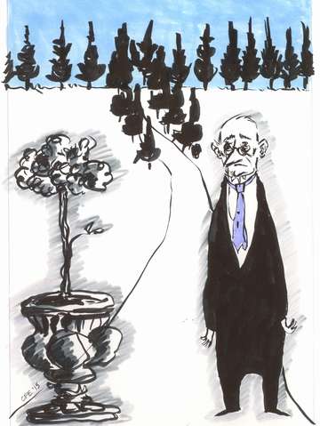 Bureaucrat in the wilderness with a potted plant