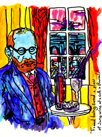 Freud being served a glass of jung wine at a cafe
