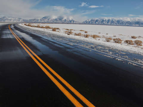 Wet road around the great salt lake