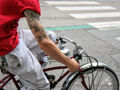 Tattooed cyclist in newport