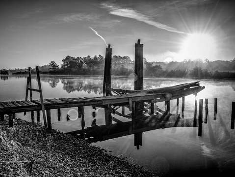 Old dock on the bon secour river bw