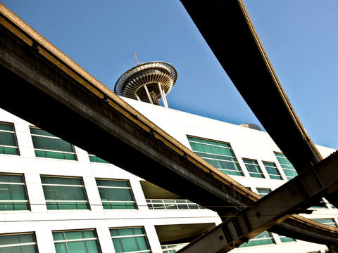 Seattle space needle through train tracks