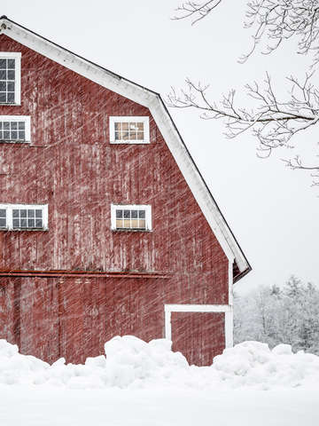 Old red barn winter storm
