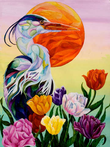 Heron with tulips