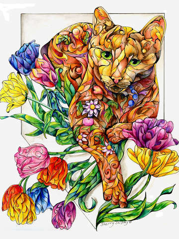 Spring Cat with Tulips