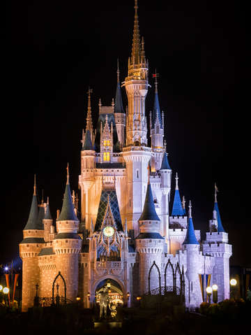Cinderellas castle and partners statue at night