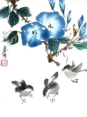 Birds and morning glories