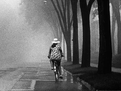 Bike rider on foggy day 69010101