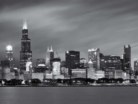 Chicago skyline at night black and white