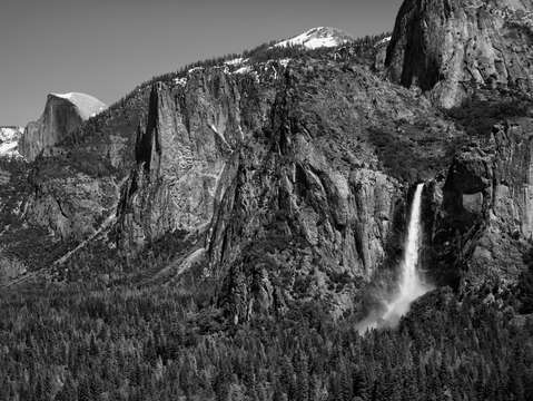 Half dome with waterfall bw