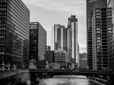 Chicago river black and white