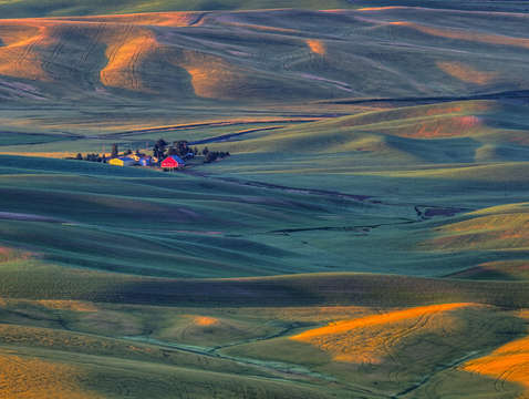 Red barn at sunrise