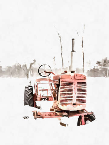 Old red tractor in the snow