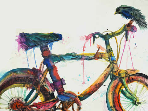 Tired bicycle with bird drips color on the pavemen