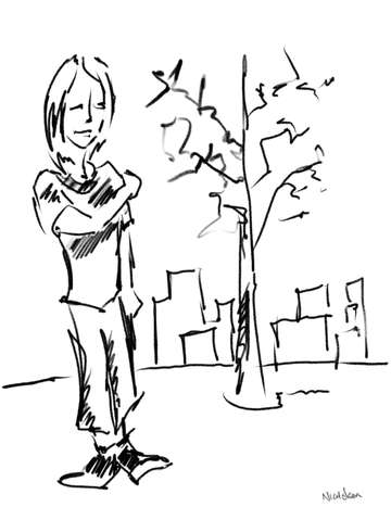 Line drawing of a girl and a tree