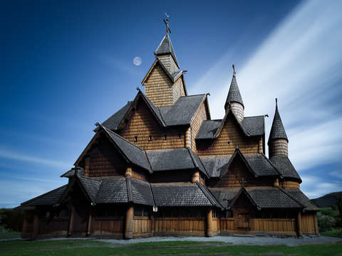 Stave church at night