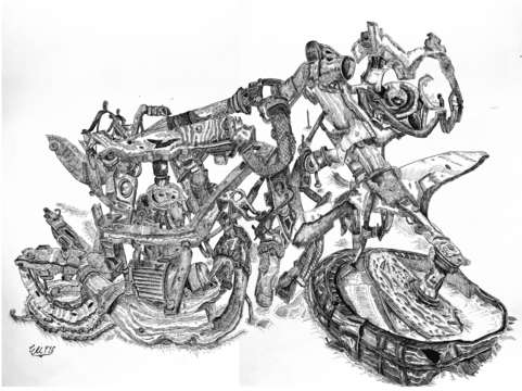Wrecked motorcycle with barnacles and rust
