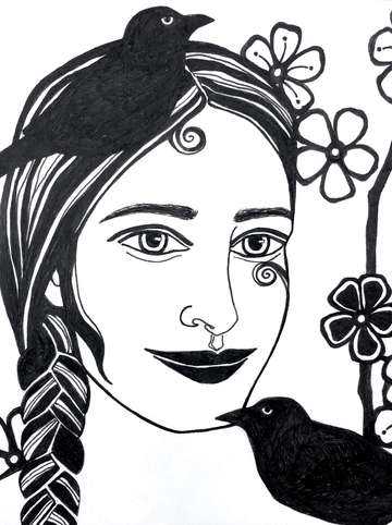 Woman with birds blossoms i detail