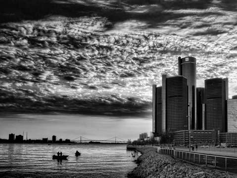 Detroit riverfront sunset
