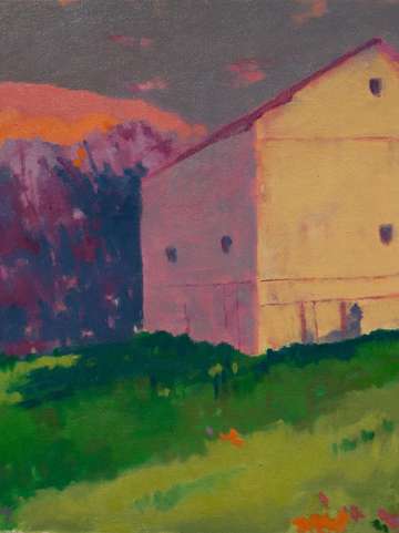 Yellow barn at daybreak