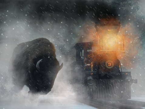 Giant buffalo attacking train