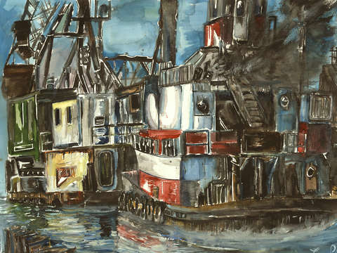 Construction boats in the boston harbor