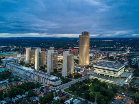 Plaza aerial at twilight