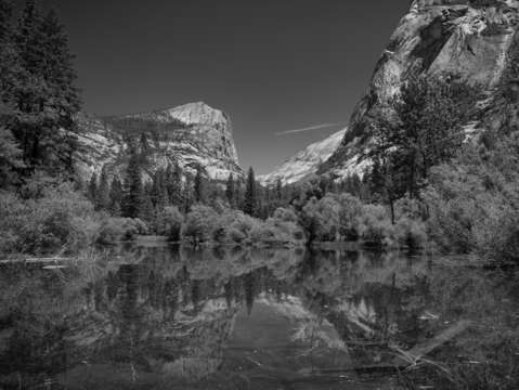 Half dome reflection in black white