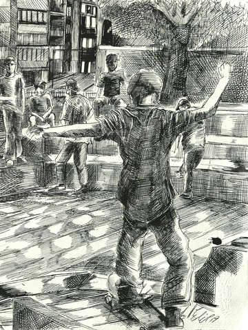 Skateboarders in the dry copley square fountain