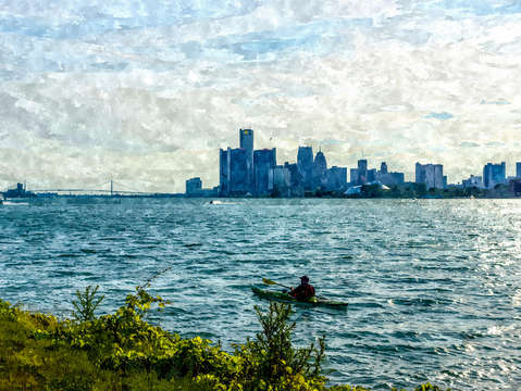 Canoeing detroit skyline painterly