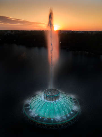 Aerial lake eola fountain at sunrise