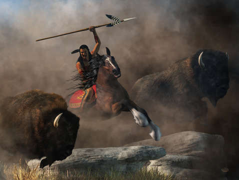 Buffalo hunter with spear