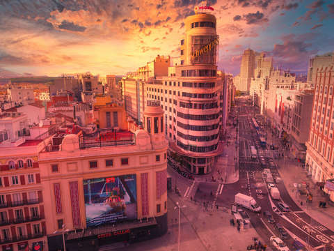 Sunset from callao square in madrid