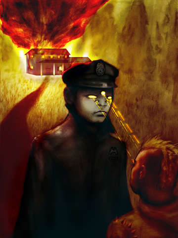 As my house burns in the distance the officer looks at me with accusatory eyes