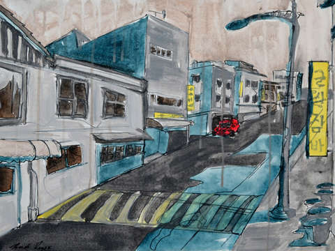 Rainy city street with red car- Osan, South Korea